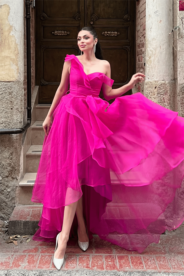 Organze Kumaş Kat Kat Abiye Elbise - FUŞYA