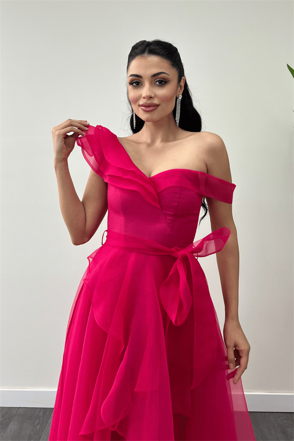 Organze Kumaş Kat Kat Abiye Elbise - FUŞYA