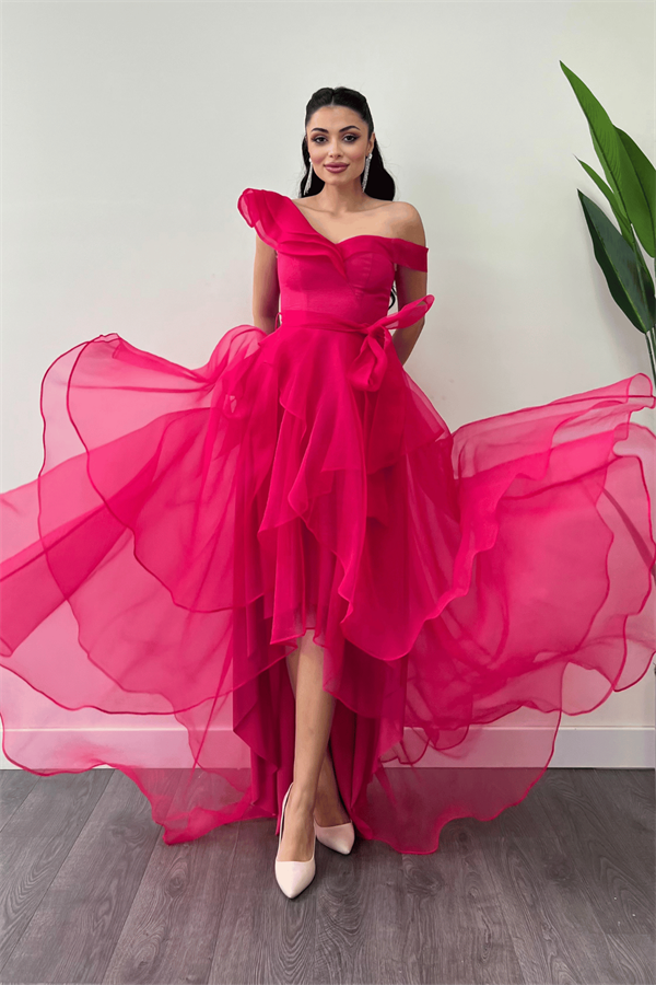 Organze Kumaş Kat Kat Abiye Elbise - FUŞYA