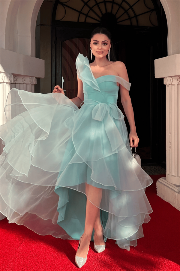 Organze Kumaş Kat Kat Abiye Elbise - MİNT YEŞİLİ