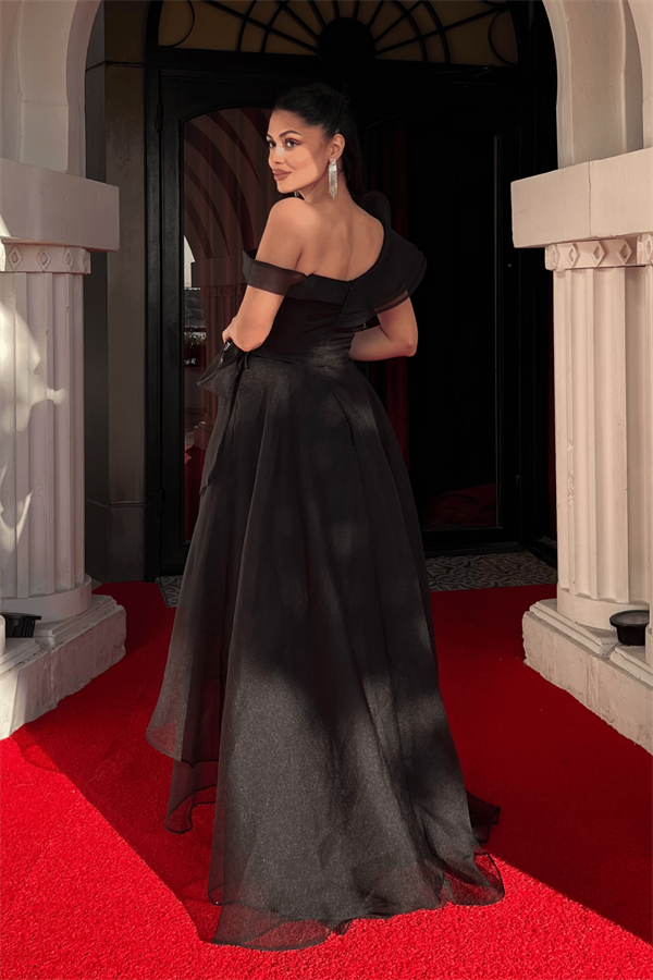 Organze Kumaş Kat Kat Abiye Elbise - SİYAH