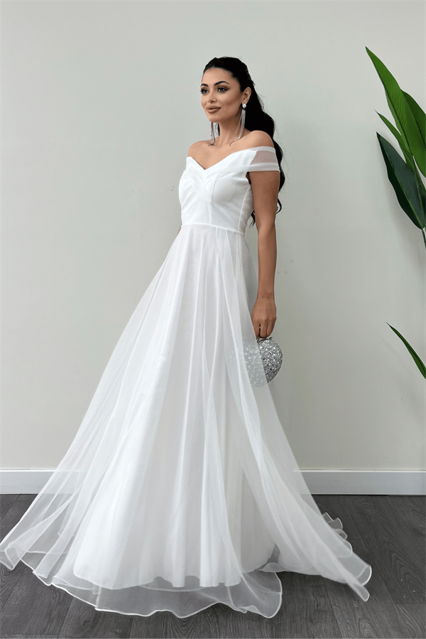 Organze Kumaş Kayık Yaka Prenses Elbise - BEYAZ