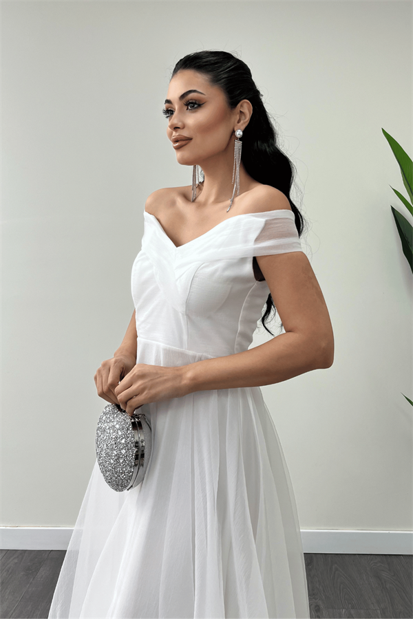 Organze Kumaş Kayık Yaka Prenses Elbise - BEYAZ