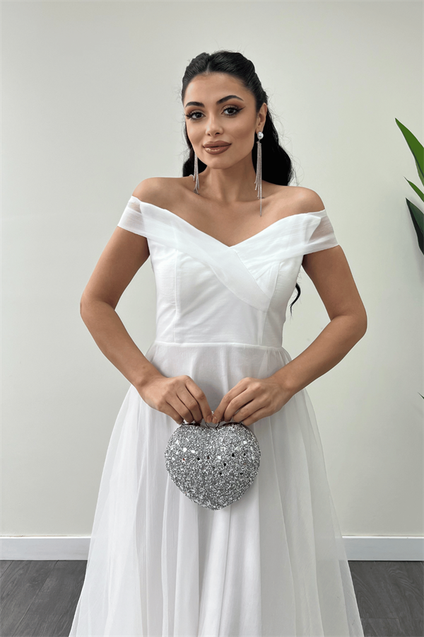 Organze Kumaş Kayık Yaka Prenses Elbise - BEYAZ