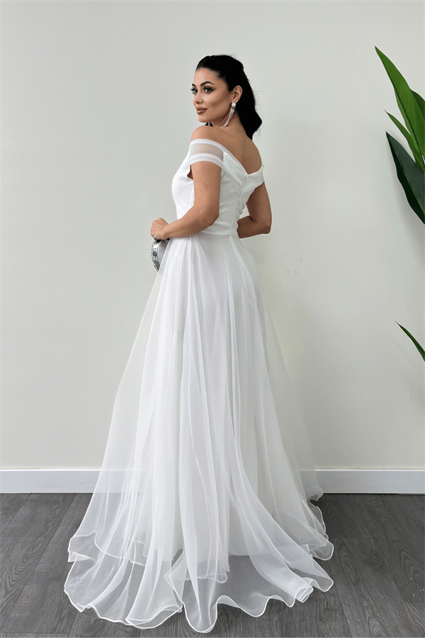 Organze Kumaş Kayık Yaka Prenses Elbise - BEYAZ