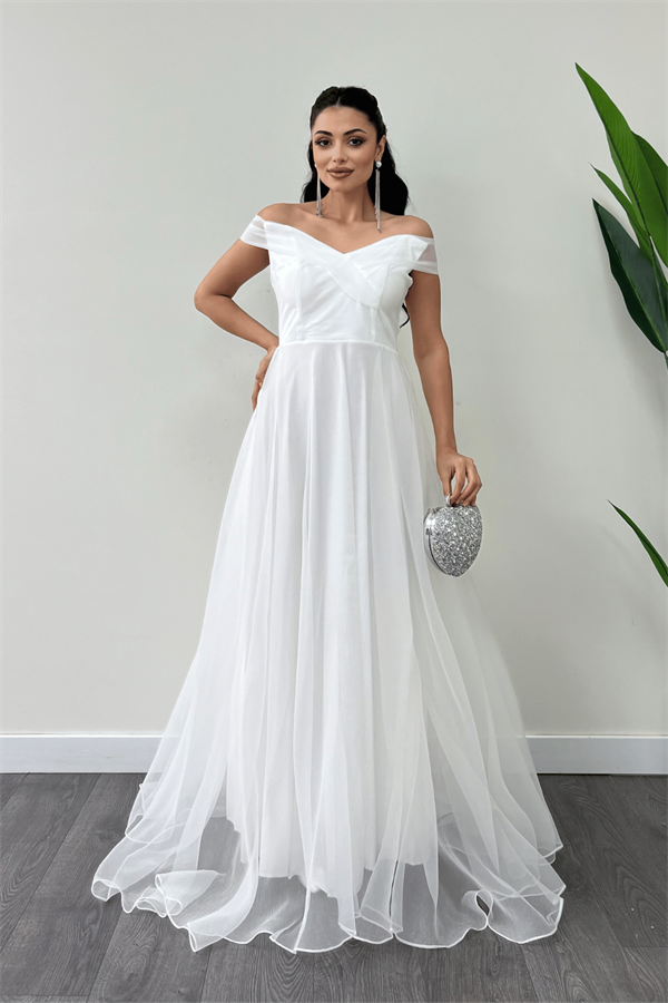 Organze Kumaş Kayık Yaka Prenses Elbise - BEYAZ