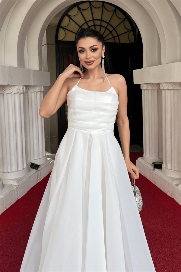 Organze Kumaş Sırtı İpli Tasarım Elbise - BEYAZ