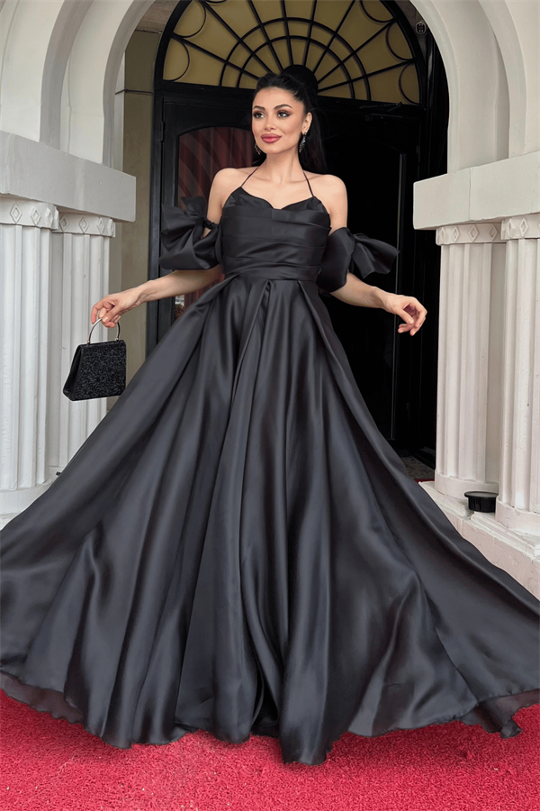 Organze Kumaş Sırtı İpli Tasarım Elbise - SİYAH