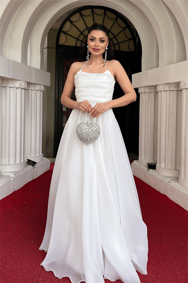 Organze Kumaş Sırtı İpli Tasarım Elbise - BEYAZ