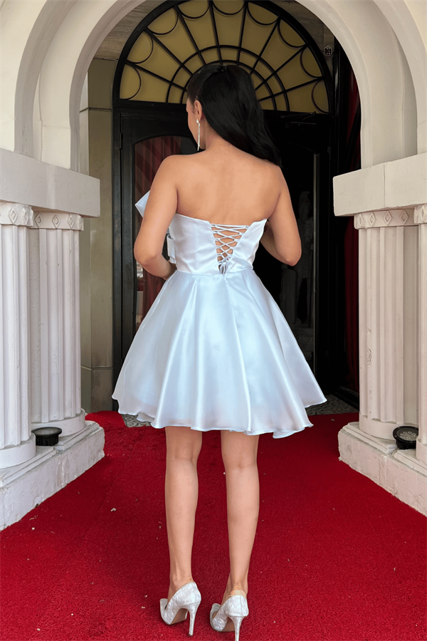 Organze Saten Kumaş Fİyonk Detaylı Mini Elbise - BEBE MAVİSİ