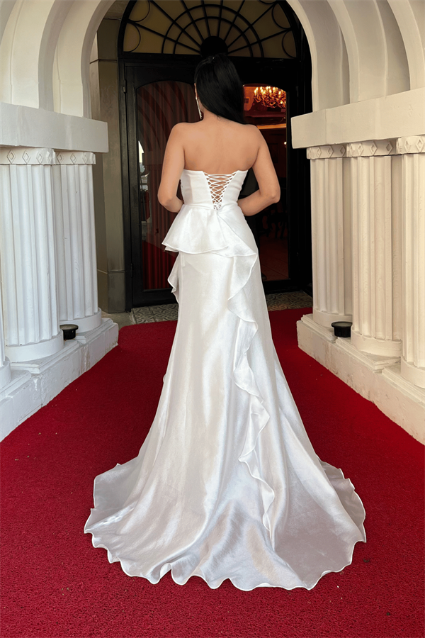 Organze Saten Kumaş Sırt İpli Abiye Elbise - BEYAZ