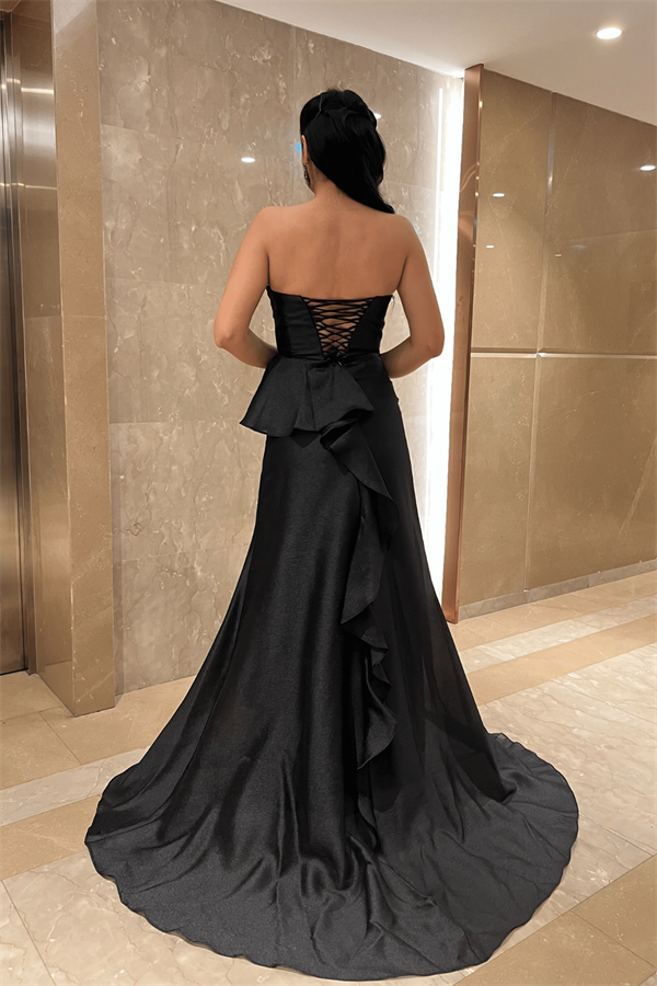 Organze Saten Kumaş Sırt İpli Abiye Elbise - SİYAH