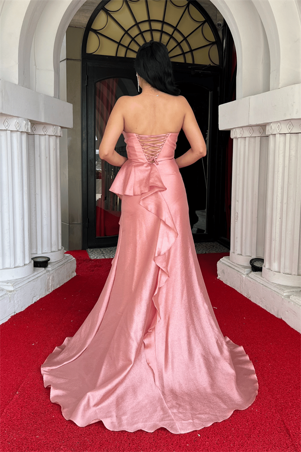 Organze Saten Kumaş Sırt İpli Abiye Elbise - PUDRA