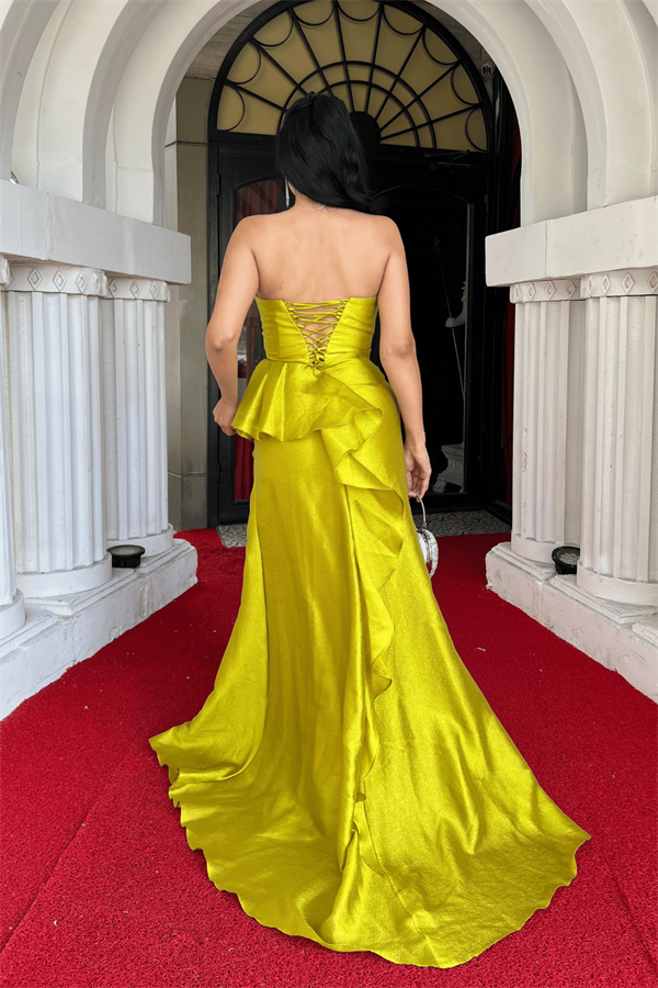 Organze Saten Kumaş Sırt İpli Abiye Elbise - Fıstık Yeşili