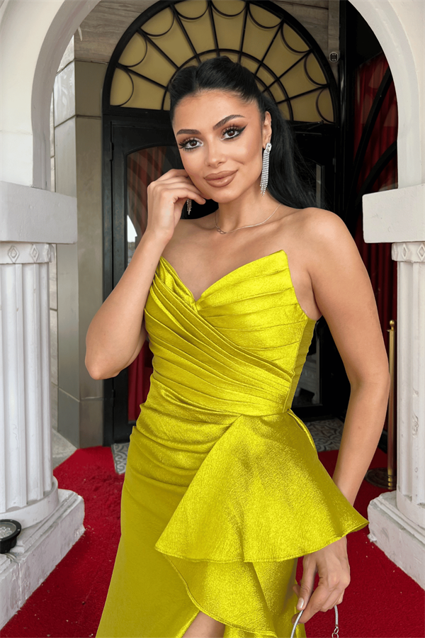 Organze Saten Kumaş Sırt İpli Abiye Elbise - Fıstık Yeşili