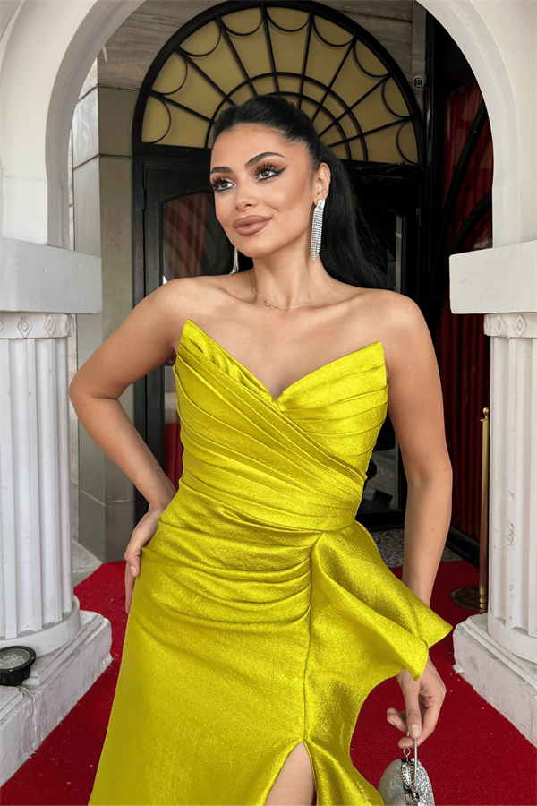 Organze Saten Kumaş Sırt İpli Abiye Elbise - Fıstık Yeşili