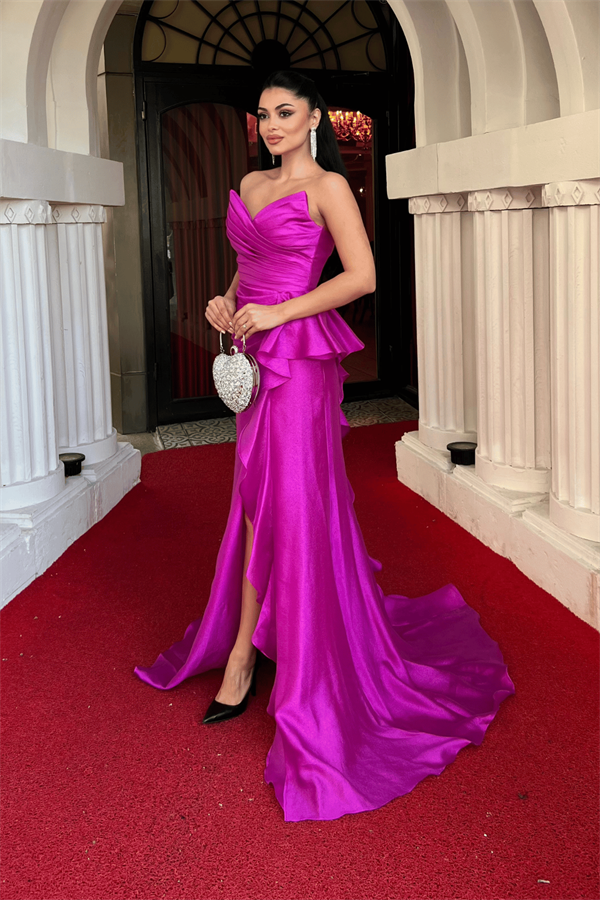 Organze Saten Kumaş Sırt İpli Abiye Elbise - FUŞYA