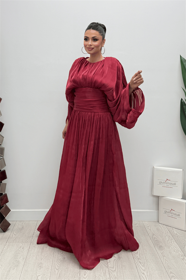 Organze Şifon Beli Korse Detaylı Abiye Elbise - BORDO