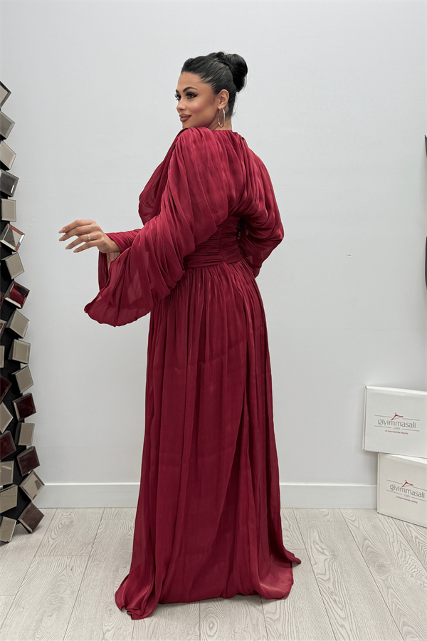 Organze Şifon Beli Korse Detaylı Abiye Elbise - BORDO