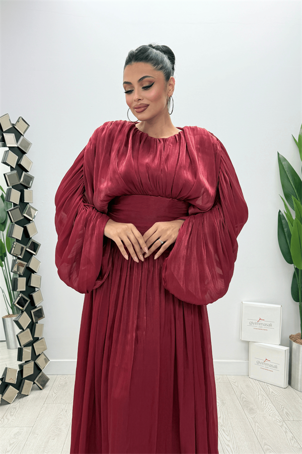 Organze Şifon Beli Korse Detaylı Abiye Elbise - BORDO