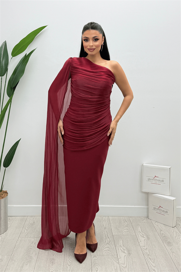 Organze Şifon Double Kumaş Şal Detaylı Elbise - BORDO