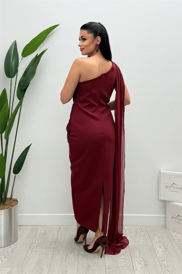 Organze Şifon Double Kumaş Şal Detaylı Elbise - BORDO