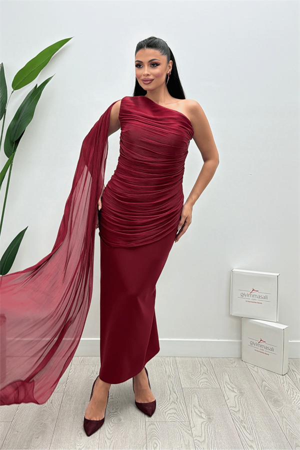 Organze Şifon Double Kumaş Şal Detaylı Elbise - BORDO