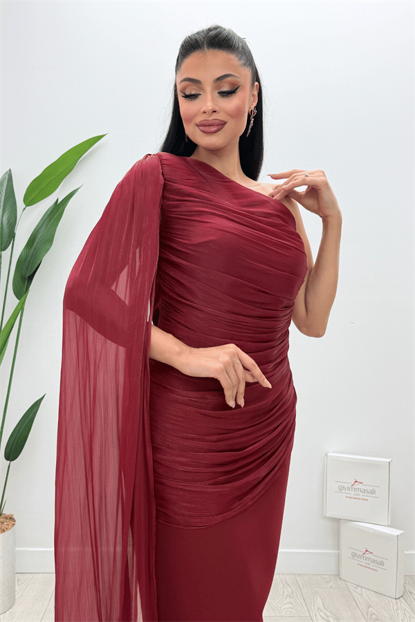 Organze Şifon Double Kumaş Şal Detaylı Elbise - BORDO