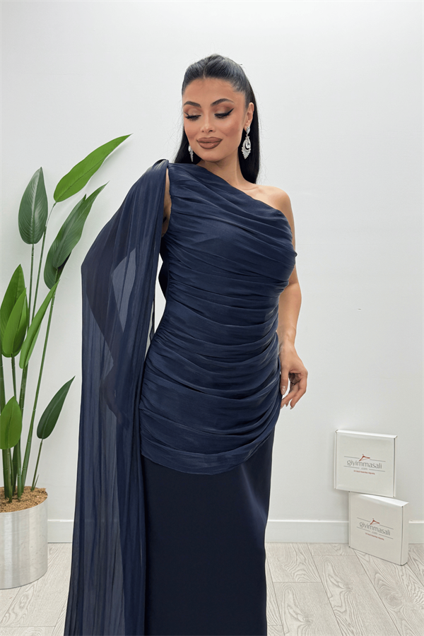 Organze Şifon Double Kumaş Şal Detaylı Elbise - LACİVERT