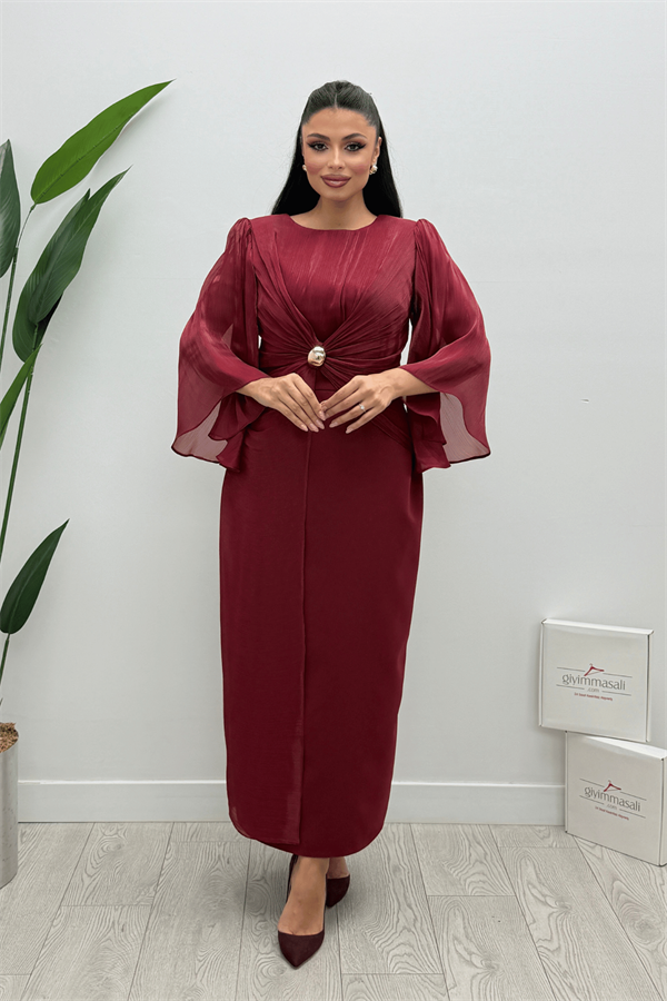 Organze Şifon Double Kumaş Tasarım Elbise - BORDO