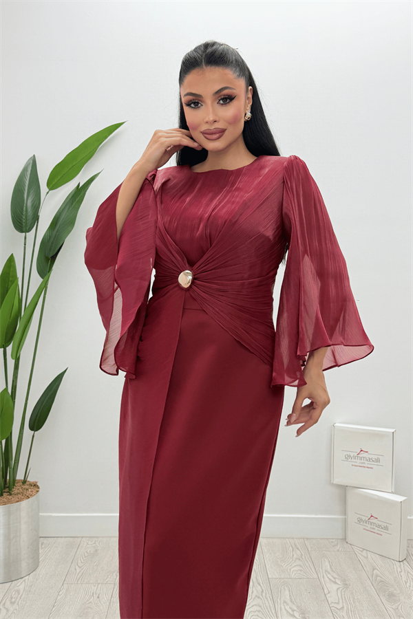 Organze Şifon Double Kumaş Tasarım Elbise - BORDO