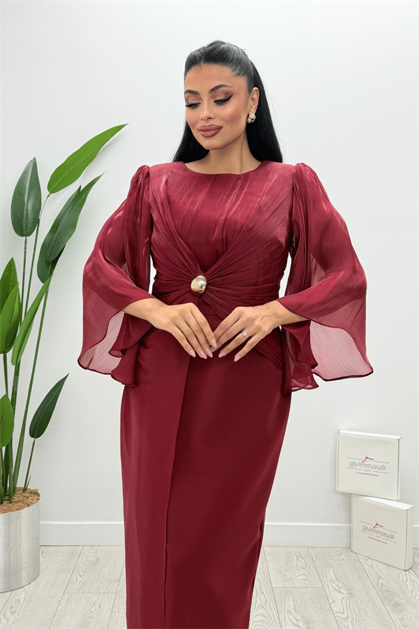 Organze Şifon Double Kumaş Tasarım Elbise - BORDO
