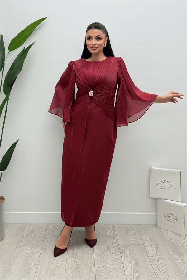 Organze Şifon Double Kumaş Tasarım Elbise - BORDO