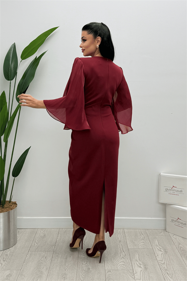 Organze Şifon Double Kumaş Tasarım Elbise - BORDO