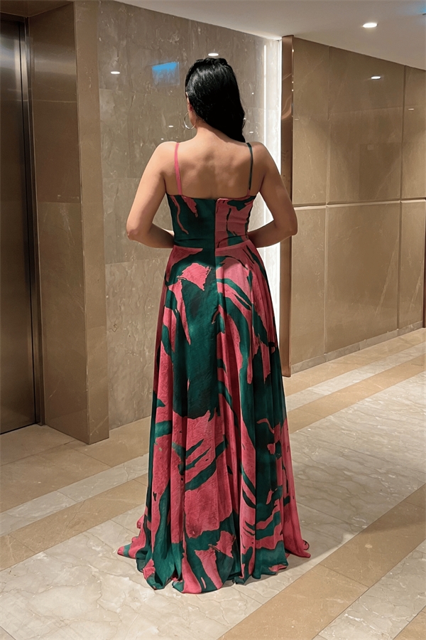 Organze Sifon Kumaş Desenli Maxi Elbise - YEŞİL