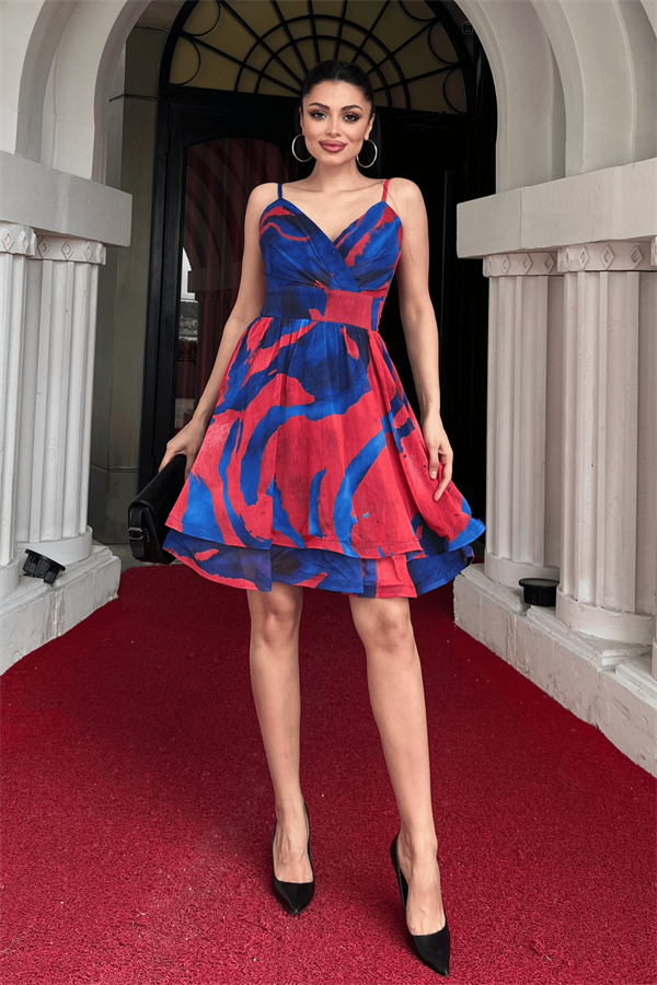 Organze Sifon Kumaş Desenli Mini Elbise - SAKS MAVİ