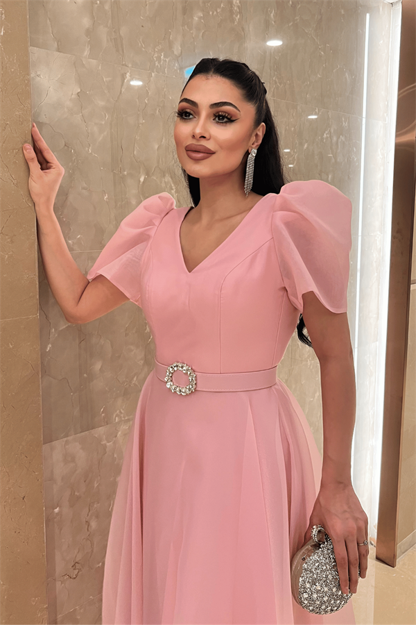 Organze Şifon Kumaş Kısa Kol Midi Boy Elbise - PEMBE