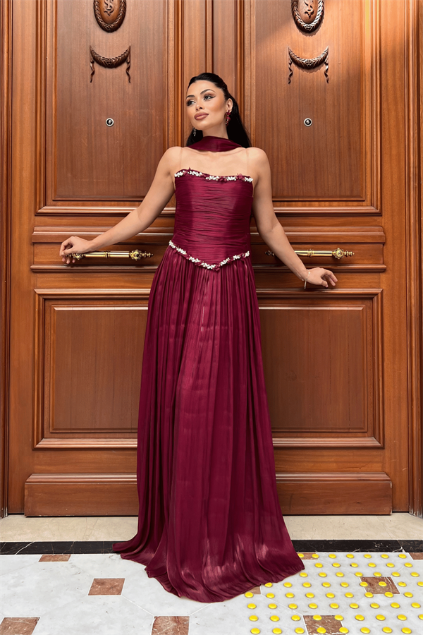 Organze Şifon Kumaş Taş Detaylı Abiye Elbise - BORDO