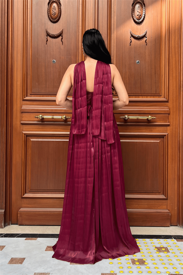 Organze Şifon Kumaş Taş Detaylı Abiye Elbise - BORDO