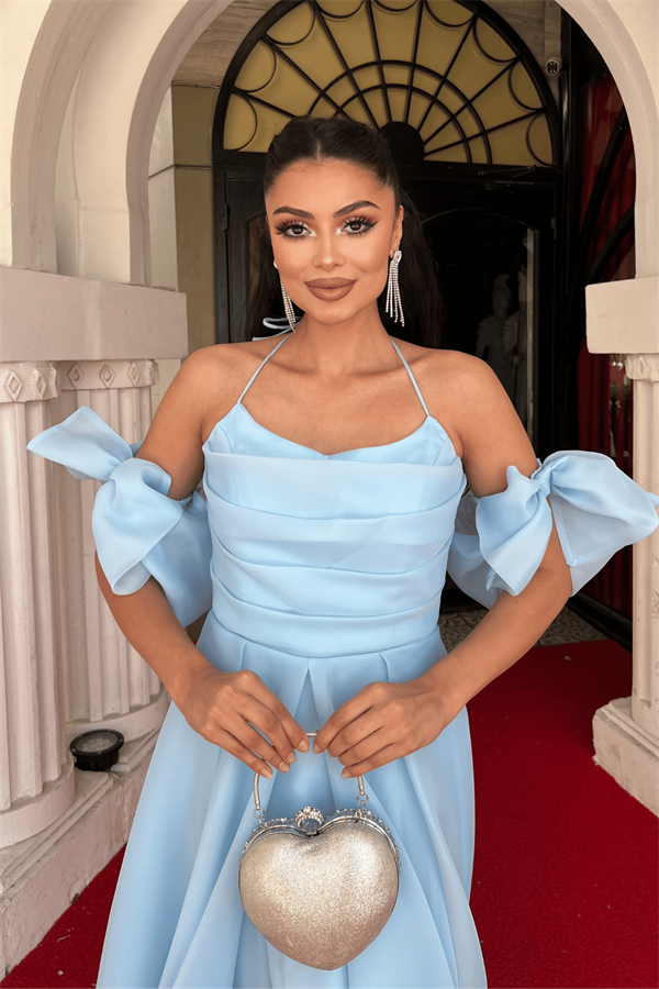 Organze Tül Kumaş Sırt Detaylı Midi Elbise - BEBE MAVİSİ