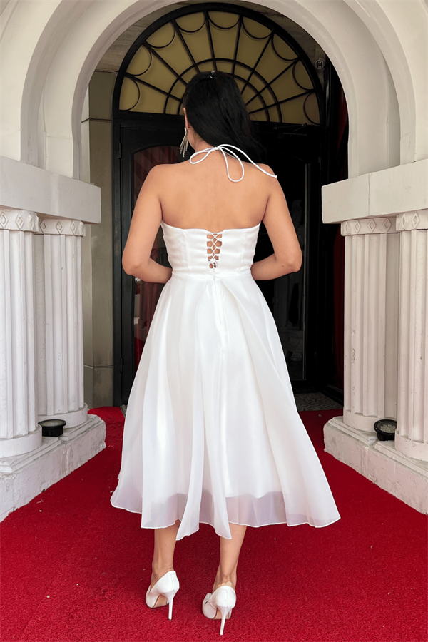 Organze Tül Kumaş Sırt Detaylı Midi Elbise - BEYAZ