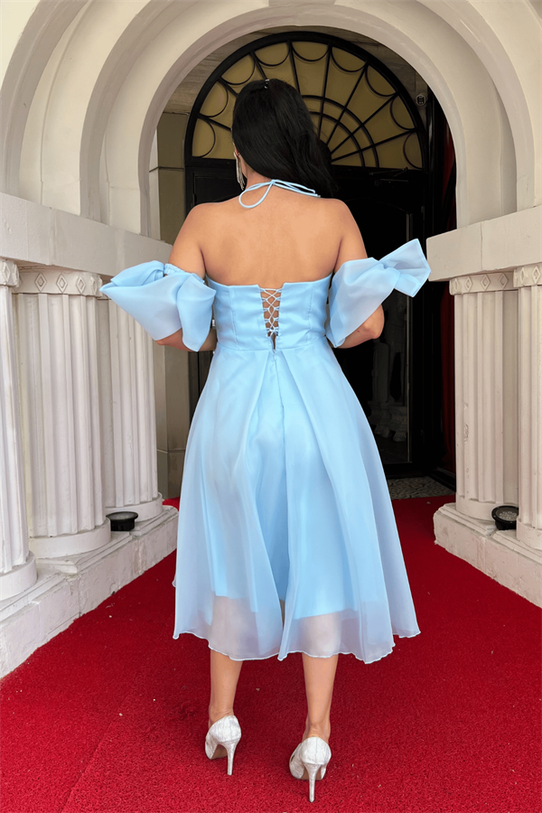 Organze Tül Kumaş Sırt Detaylı Midi Elbise - BEBE MAVİSİ