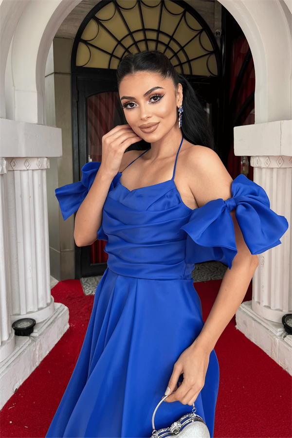 Organze Tül Kumaş Sırt Detaylı Midi Elbise - SAKS MAVİ