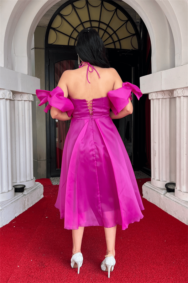 Organze Tül Kumaş Sırt Detaylı Midi Elbise - FUŞYA