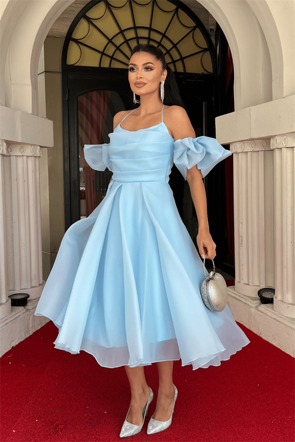 Organze Tül Kumaş Sırt Detaylı Midi Elbise - BEBE MAVİSİ