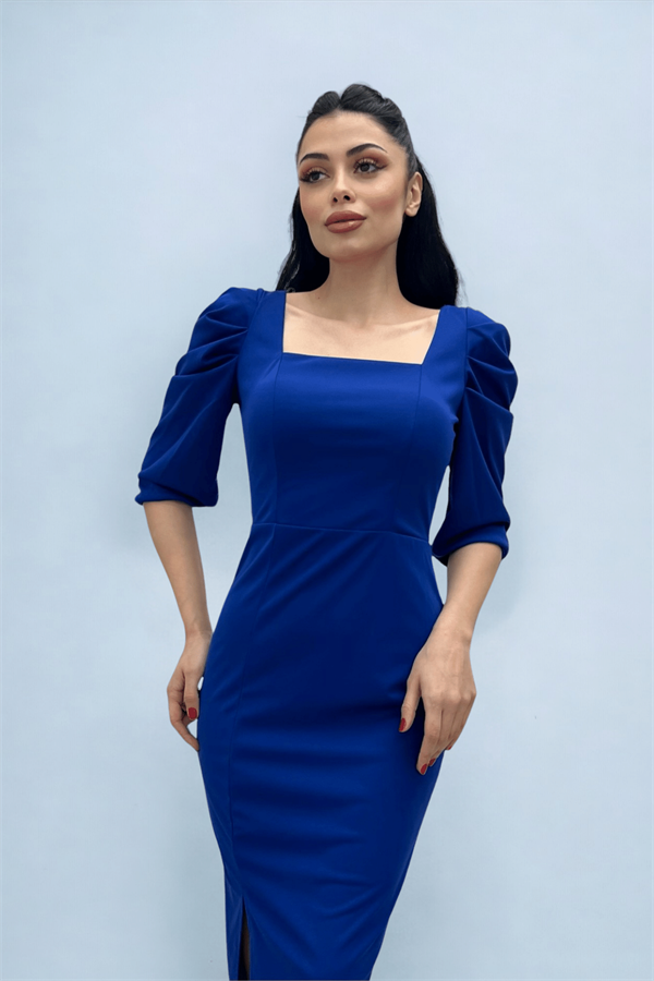 Knitted Crepe Fabric Square Collar Slit Dress - SAX BLUE
