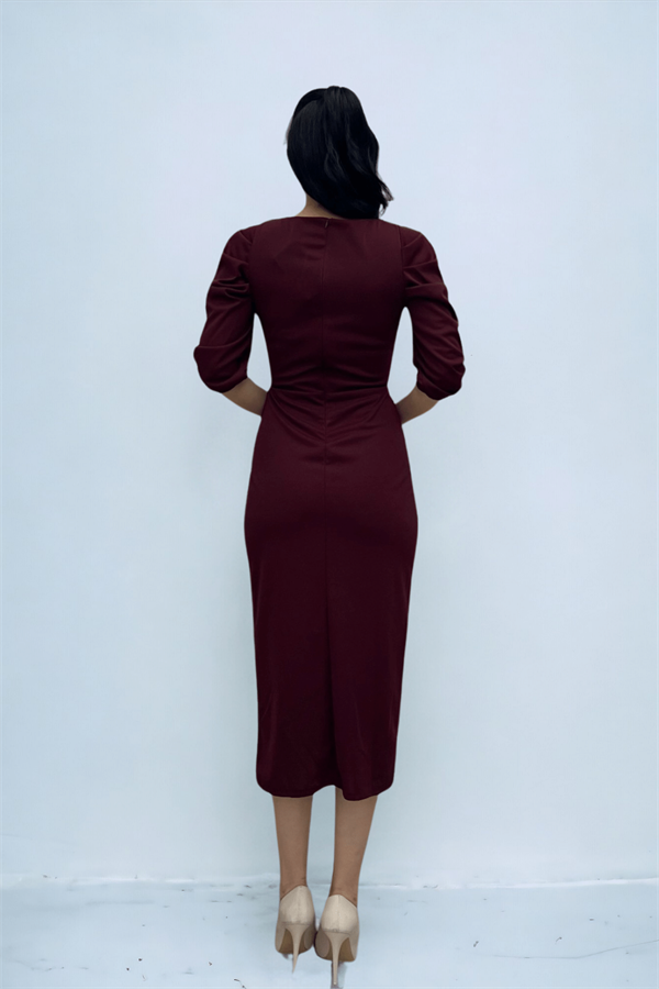 Knitted Crepe Fabric Square Collar Slit Dress - BURGUNDY