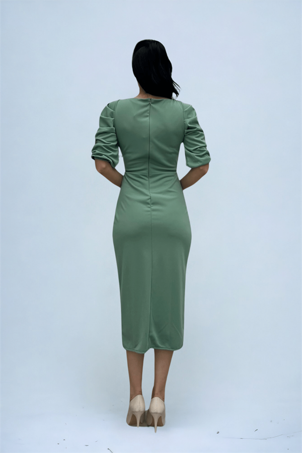 Knitted Crepe Fabric Square Collar Slit Dress - MINT GREEN