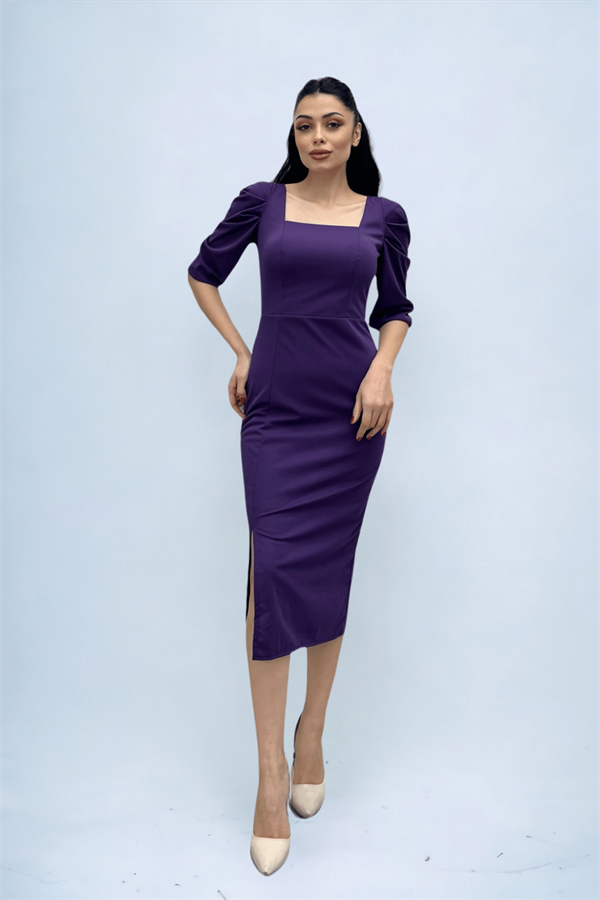 Knitted Crepe Fabric Square Collar Slit Dress - PURPLE