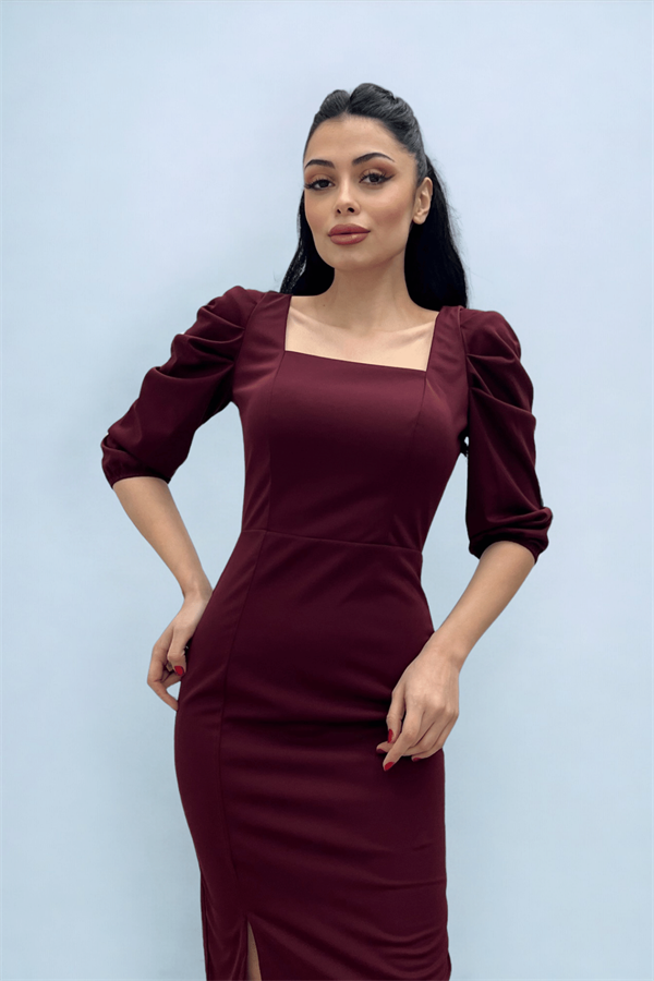 Knitted Crepe Fabric Square Collar Slit Dress - BURGUNDY